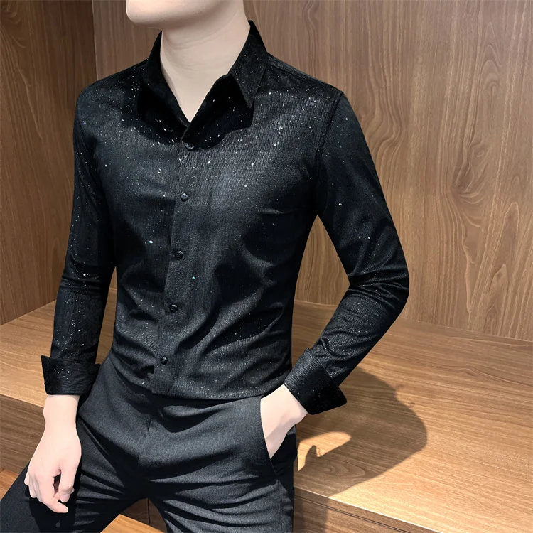 Autumn Rhinestone Shirts Men's Long-sleeved 2025 High-quality Hairstylist Casual Business Shirt Slim Social Party Tuxedo Blouse