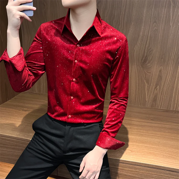 Autumn Rhinestone Shirts Men's Long-sleeved 2025 High-quality Hairstylist Casual Business Shirt Slim Social Party Tuxedo Blouse
