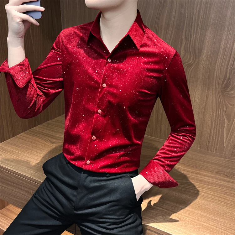 Autumn Rhinestone Shirts Men's Long-sleeved 2025 High-quality Hairstylist Casual Business Shirt Slim Social Party Tuxedo Blouse