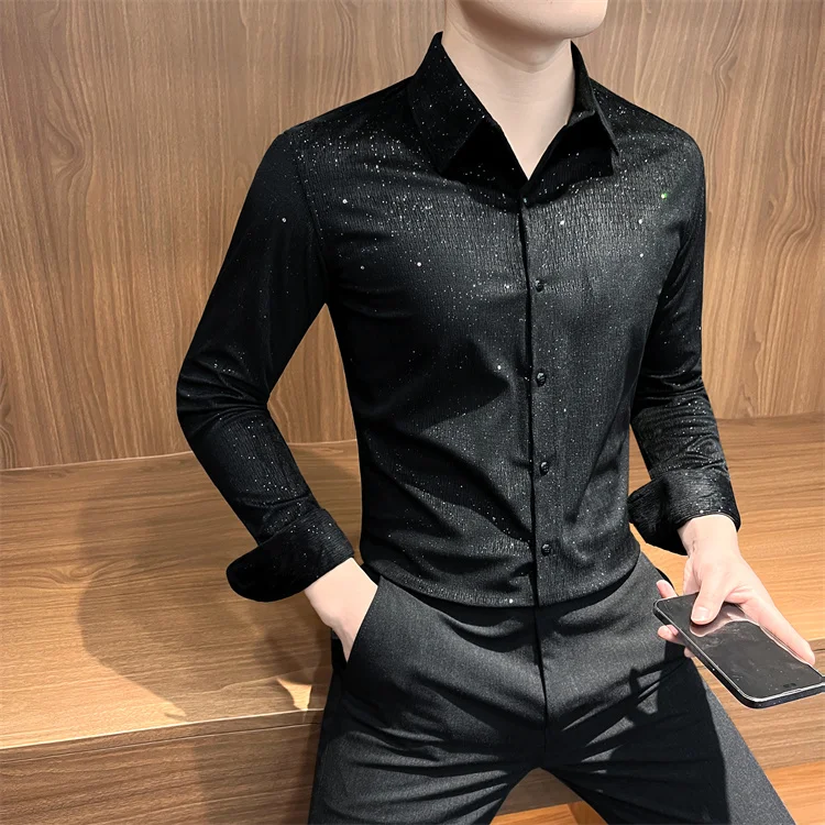 Autumn Rhinestone Shirts Men's Long-sleeved 2025 High-quality Hairstylist Casual Business Shirt Slim Social Party Tuxedo Blouse