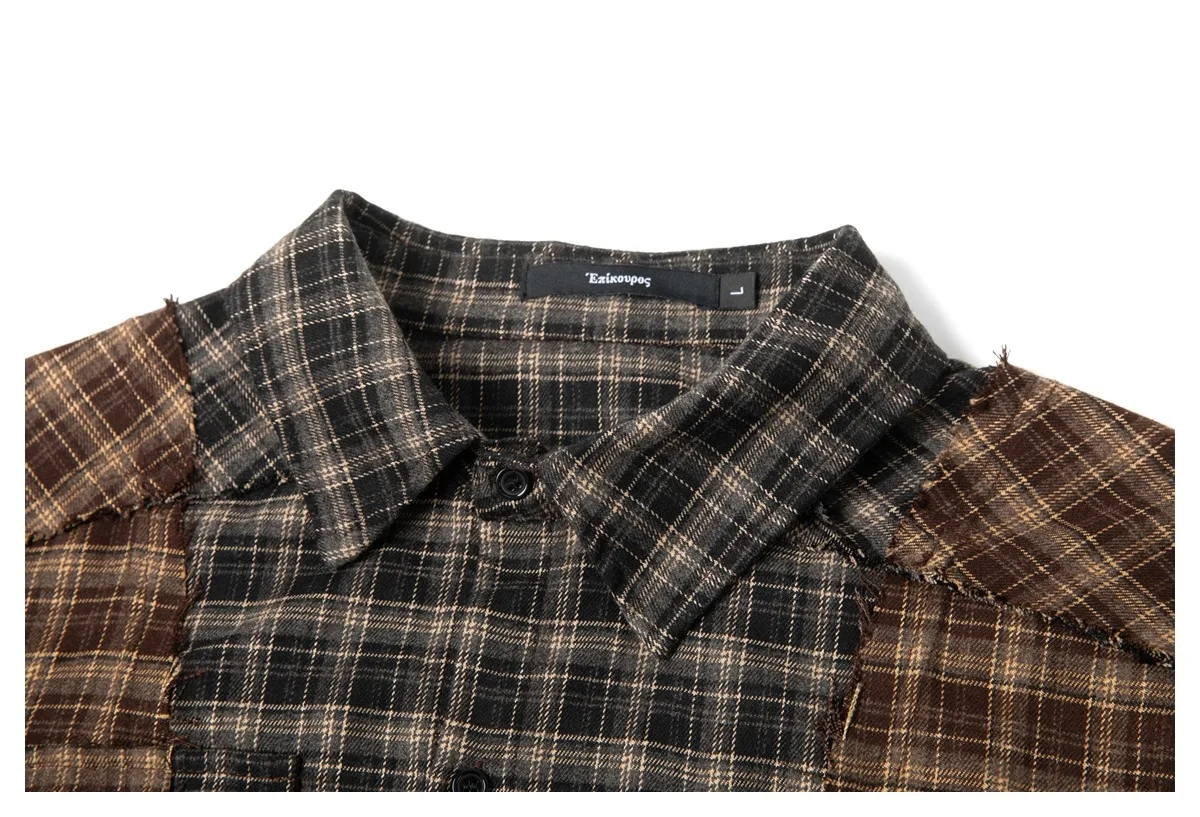 Plaid Splice Shirt Men Japanese Streetwear Fashion Loose Casual Long Sleeve Shirts Cityboy Oversize Cargo Shirts Unisex Blouses
