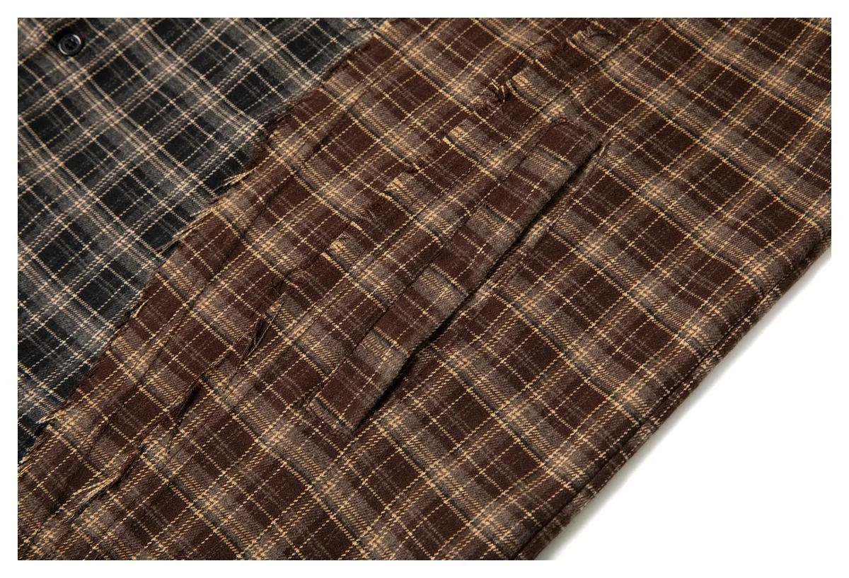Plaid Splice Shirt Men Japanese Streetwear Fashion Loose Casual Long Sleeve Shirts Cityboy Oversize Cargo Shirts Unisex Blouses