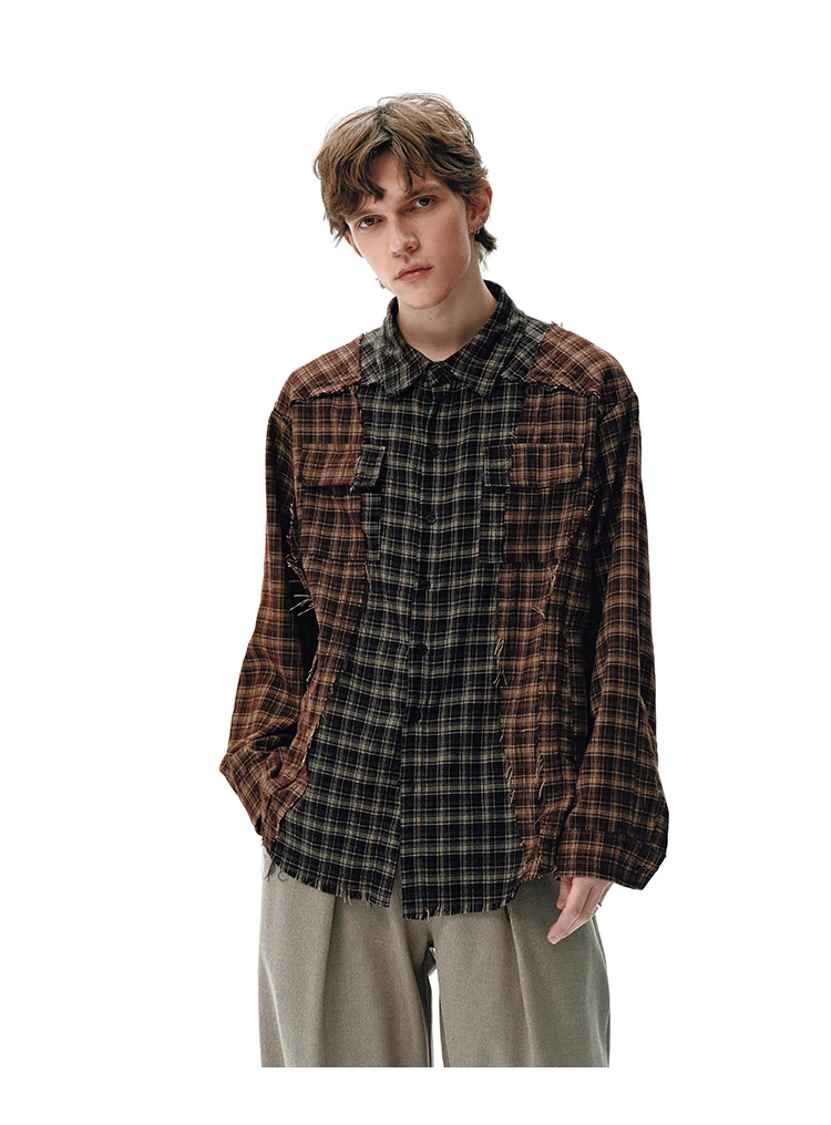 Plaid Splice Shirt Men Japanese Streetwear Fashion Loose Casual Long Sleeve Shirts Cityboy Oversize Cargo Shirts Unisex Blouses