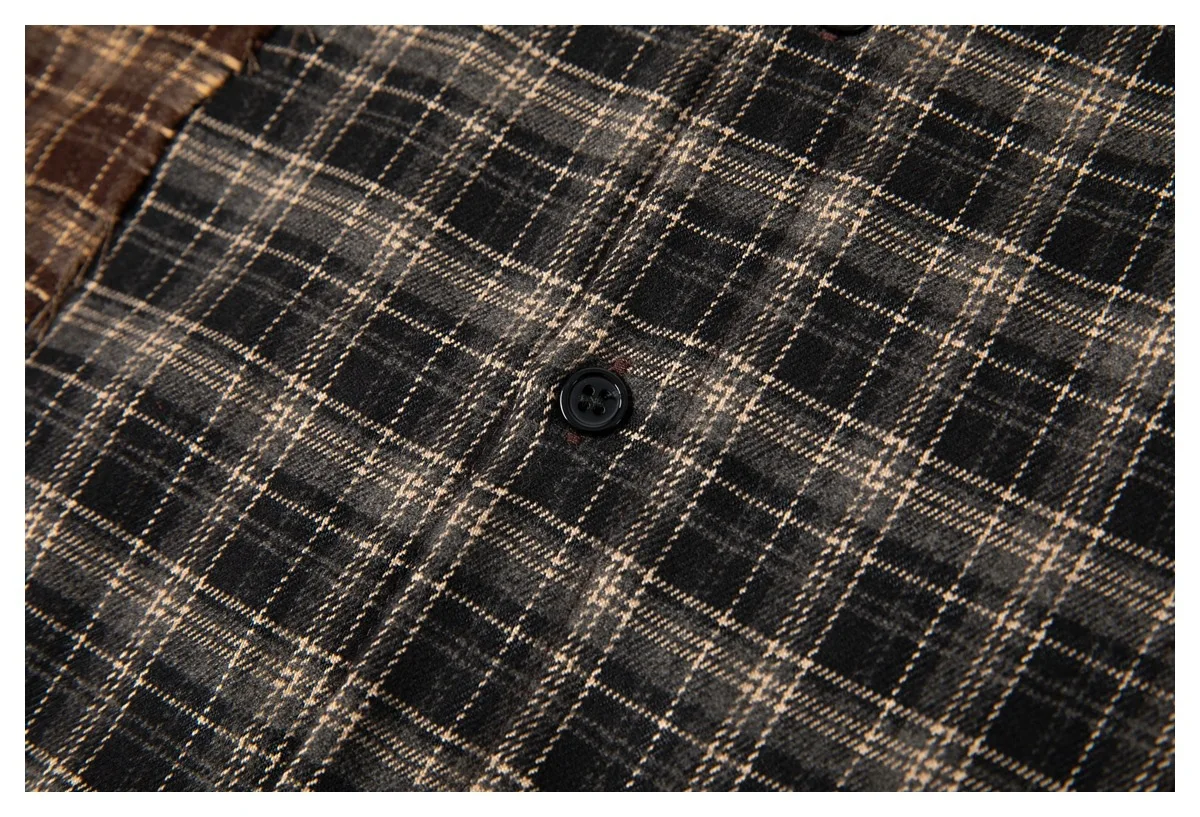 Plaid Splice Shirt Men Japanese Streetwear Fashion Loose Casual Long Sleeve Shirts Cityboy Oversize Cargo Shirts Unisex Blouses