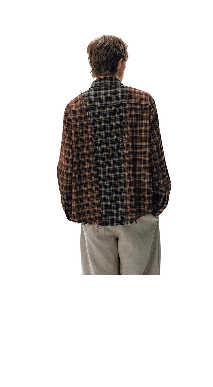 Plaid Splice Shirt Men Japanese Streetwear Fashion Loose Casual Long Sleeve Shirts Cityboy Oversize Cargo Shirts Unisex Blouses