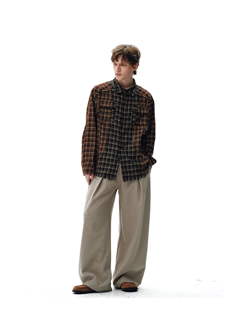 Plaid Splice Shirt Men Japanese Streetwear Fashion Loose Casual Long Sleeve Shirts Cityboy Oversize Cargo Shirts Unisex Blouses