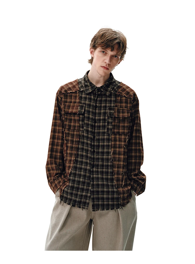Plaid Splice Shirt Men Japanese Streetwear Fashion Loose Casual Long Sleeve Shirts Cityboy Oversize Cargo Shirts Unisex Blouses