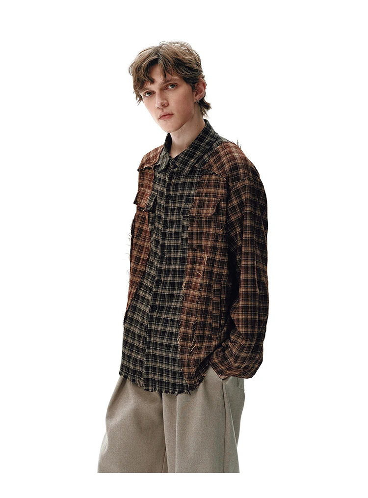 Plaid Splice Shirt Men Japanese Streetwear Fashion Loose Casual Long Sleeve Shirts Cityboy Oversize Cargo Shirts Unisex Blouses