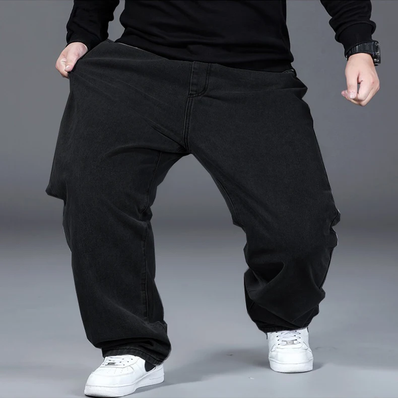 Men's Spring Autumn Plus Size Jeans 100-150KG Drawstring Waist Cotton Loose Trousers 44 46 48 50 Large Black Blue Male Clothing