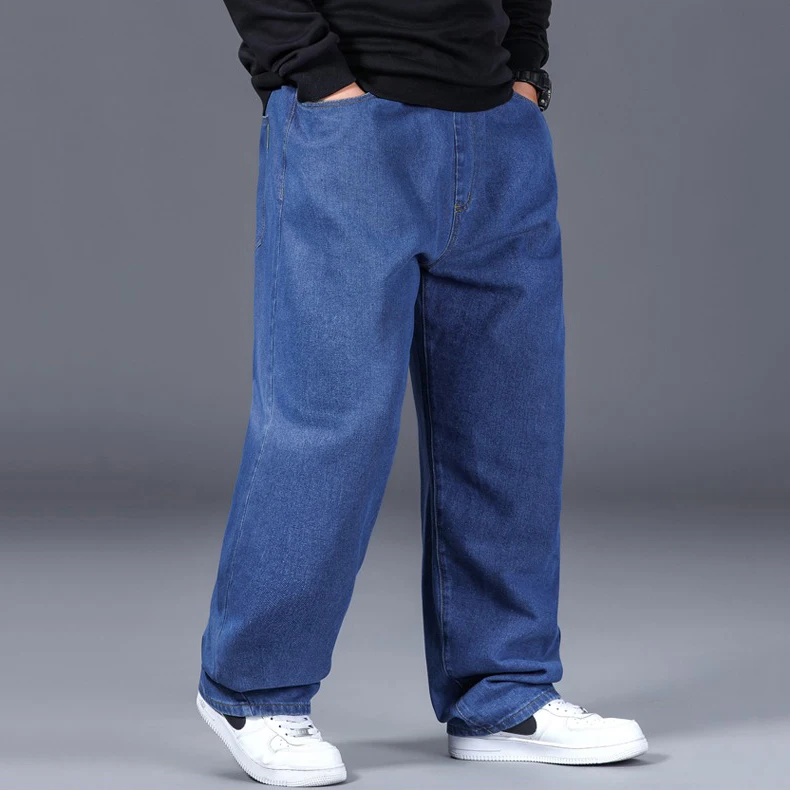 Men's Spring Autumn Plus Size Jeans 100-150KG Drawstring Waist Cotton Loose Trousers 44 46 48 50 Large Black Blue Male Clothing