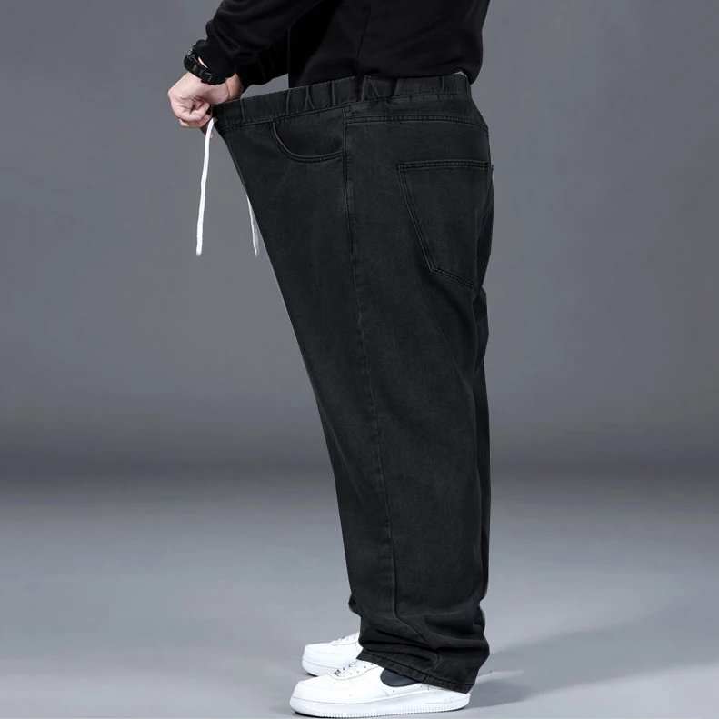 Men's Spring Autumn Plus Size Jeans 100-150KG Drawstring Waist Cotton Loose Trousers 44 46 48 50 Large Black Blue Male Clothing