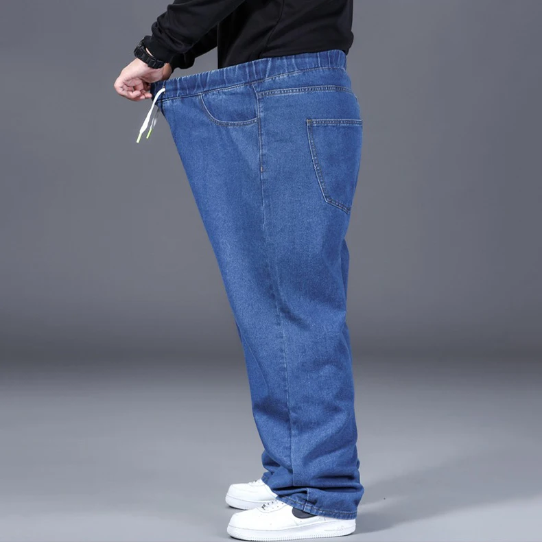 Men's Spring Autumn Plus Size Jeans 100-150KG Drawstring Waist Cotton Loose Trousers 44 46 48 50 Large Black Blue Male Clothing