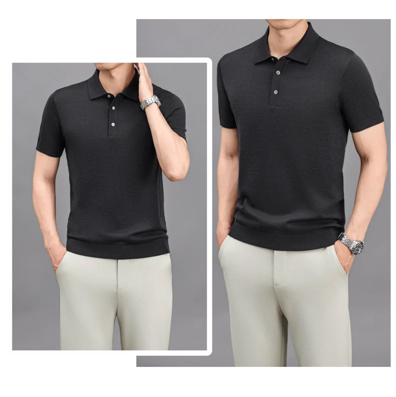 Ture 100% Merino Wool Tees Men Superfine Wool Short Sleeve Clothes Male Turn Down Collar Knit Polo Shirt Thin Sheep Wool Tops