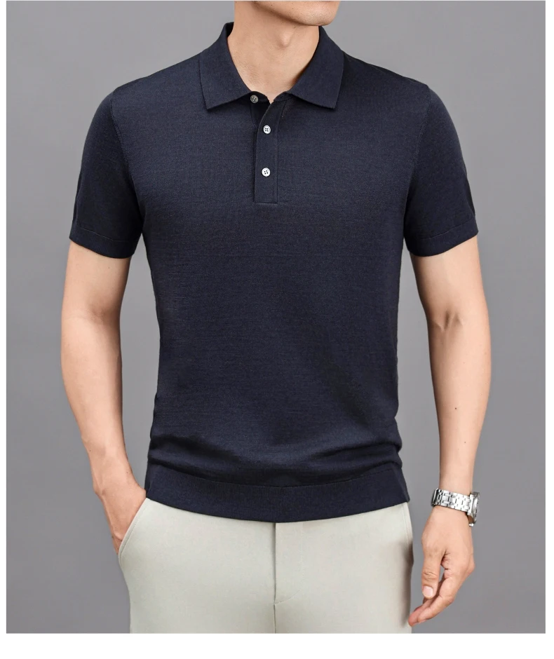Ture 100% Merino Wool Tees Men Superfine Wool Short Sleeve Clothes Male Turn Down Collar Knit Polo Shirt Thin Sheep Wool Tops