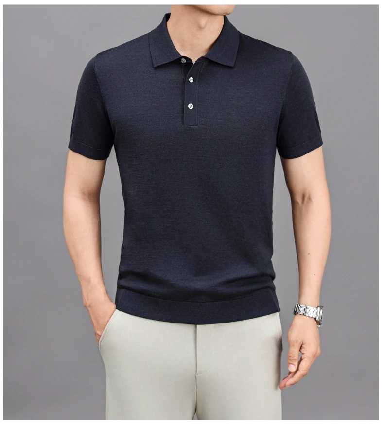 Ture 100% Merino Wool Tees Men Superfine Wool Short Sleeve Clothes Male Turn Down Collar Knit Polo Shirt Thin Sheep Wool Tops