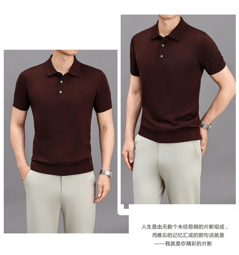 Ture 100% Merino Wool Tees Men Superfine Wool Short Sleeve Clothes Male Turn Down Collar Knit Polo Shirt Thin Sheep Wool Tops