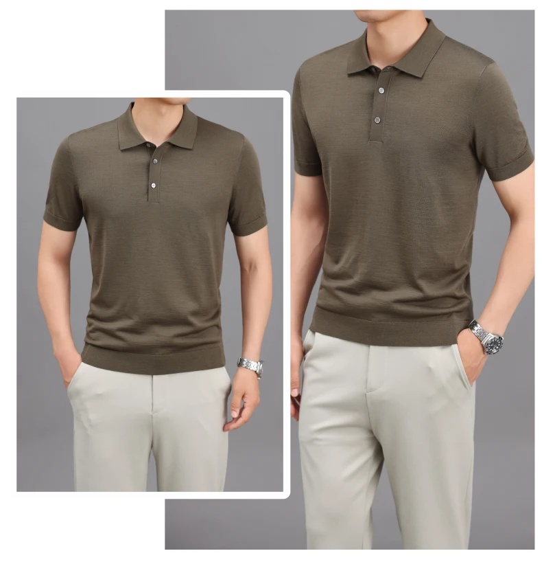 Ture 100% Merino Wool Tees Men Superfine Wool Short Sleeve Clothes Male Turn Down Collar Knit Polo Shirt Thin Sheep Wool Tops