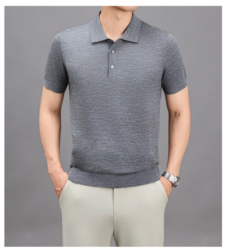 Ture 100% Merino Wool Tees Men Superfine Wool Short Sleeve Clothes Male Turn Down Collar Knit Polo Shirt Thin Sheep Wool Tops