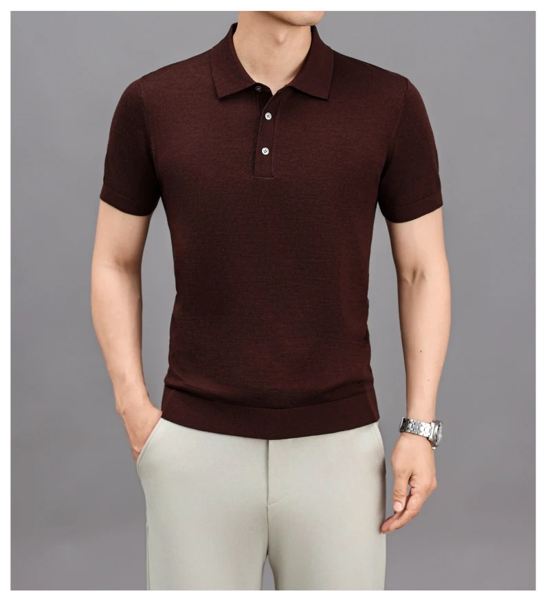 Ture 100% Merino Wool Tees Men Superfine Wool Short Sleeve Clothes Male Turn Down Collar Knit Polo Shirt Thin Sheep Wool Tops