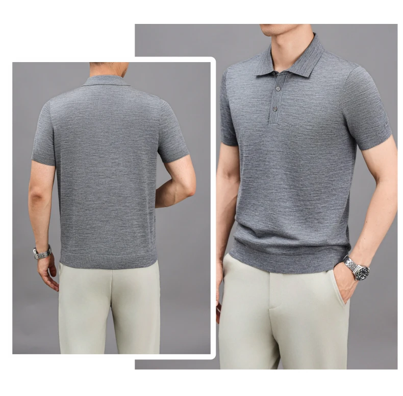 Ture 100% Merino Wool Tees Men Superfine Wool Short Sleeve Clothes Male Turn Down Collar Knit Polo Shirt Thin Sheep Wool Tops