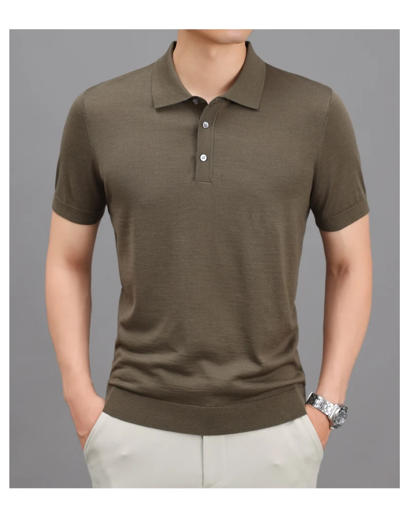 Ture 100% Merino Wool Tees Men Superfine Wool Short Sleeve Clothes Male Turn Down Collar Knit Polo Shirt Thin Sheep Wool Tops