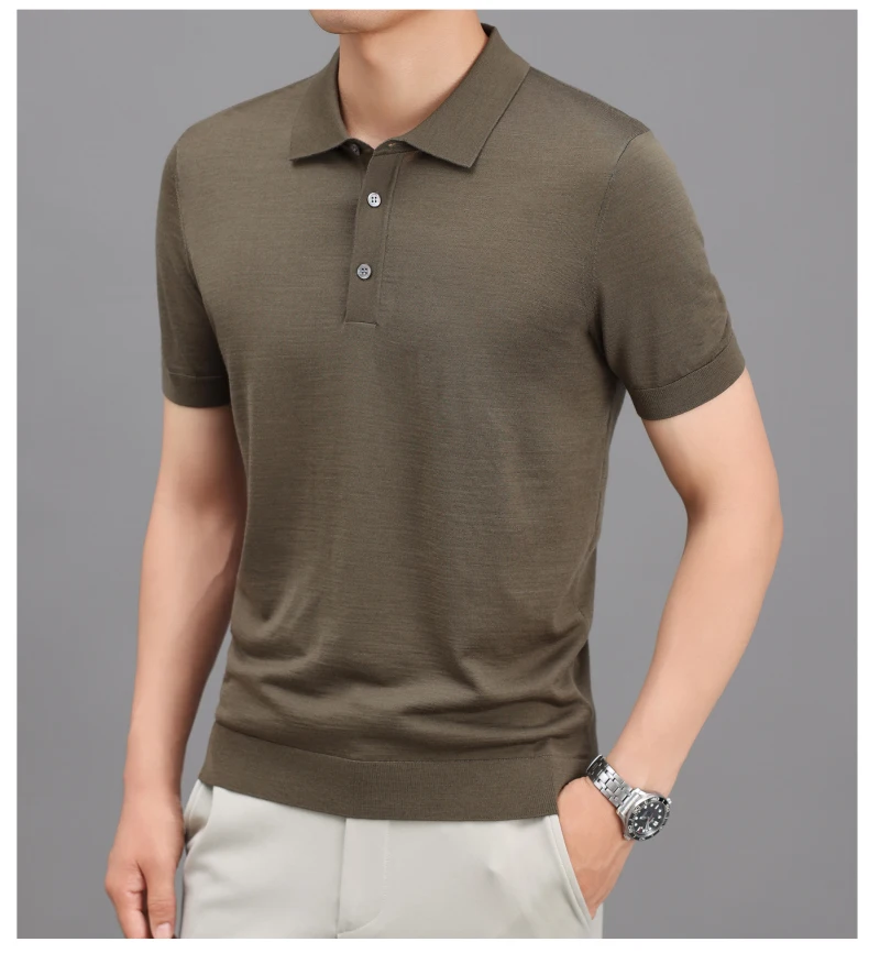 Ture 100% Merino Wool Tees Men Superfine Wool Short Sleeve Clothes Male Turn Down Collar Knit Polo Shirt Thin Sheep Wool Tops