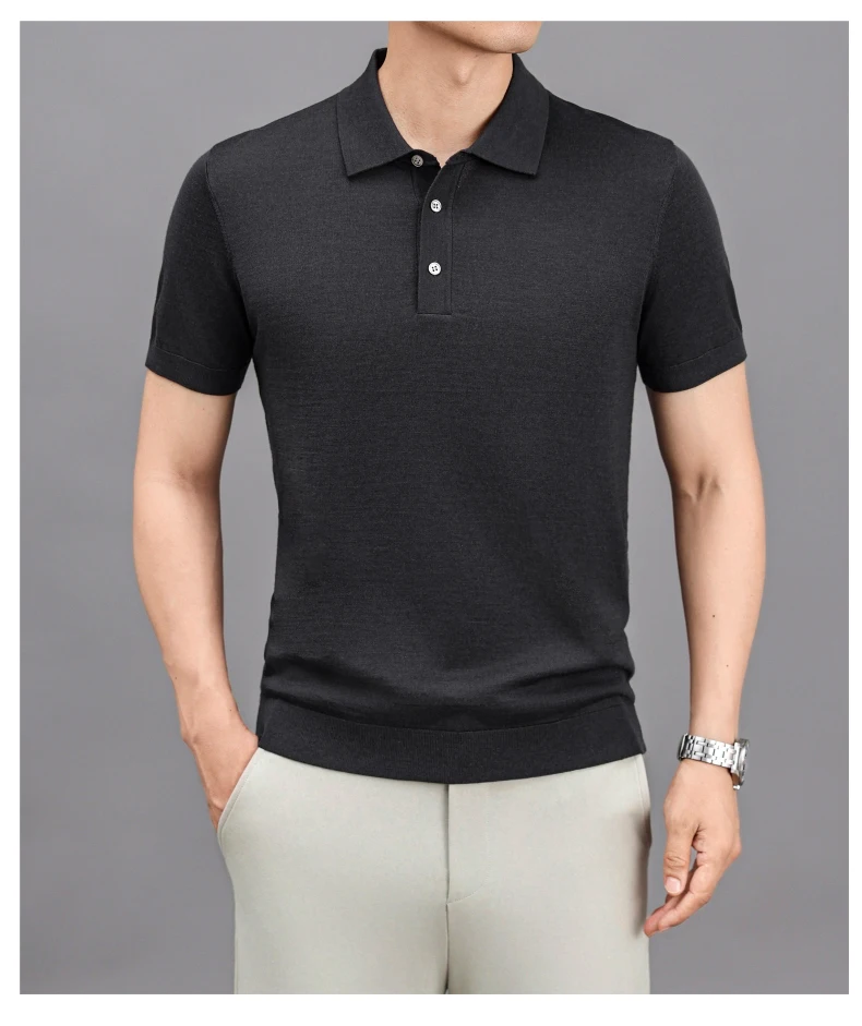 Ture 100% Merino Wool Tees Men Superfine Wool Short Sleeve Clothes Male Turn Down Collar Knit Polo Shirt Thin Sheep Wool Tops