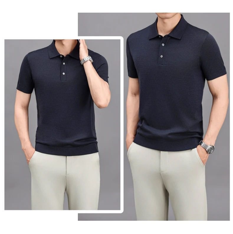 Ture 100% Merino Wool Tees Men Superfine Wool Short Sleeve Clothes Male Turn Down Collar Knit Polo Shirt Thin Sheep Wool Tops