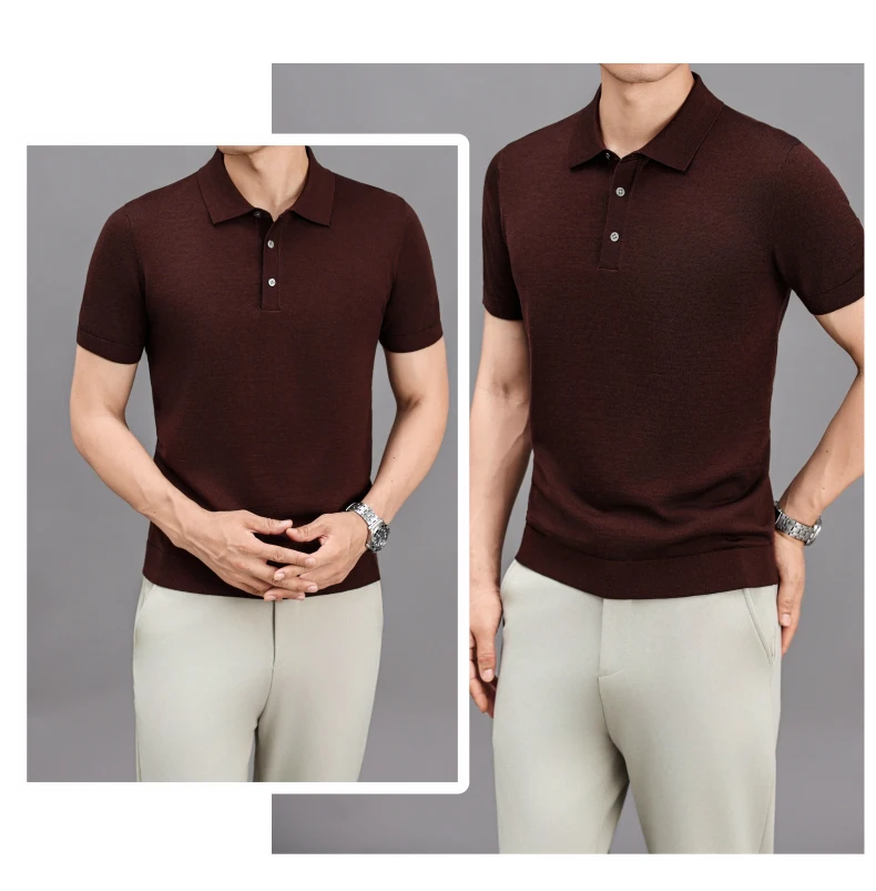 Ture 100% Merino Wool Tees Men Superfine Wool Short Sleeve Clothes Male Turn Down Collar Knit Polo Shirt Thin Sheep Wool Tops
