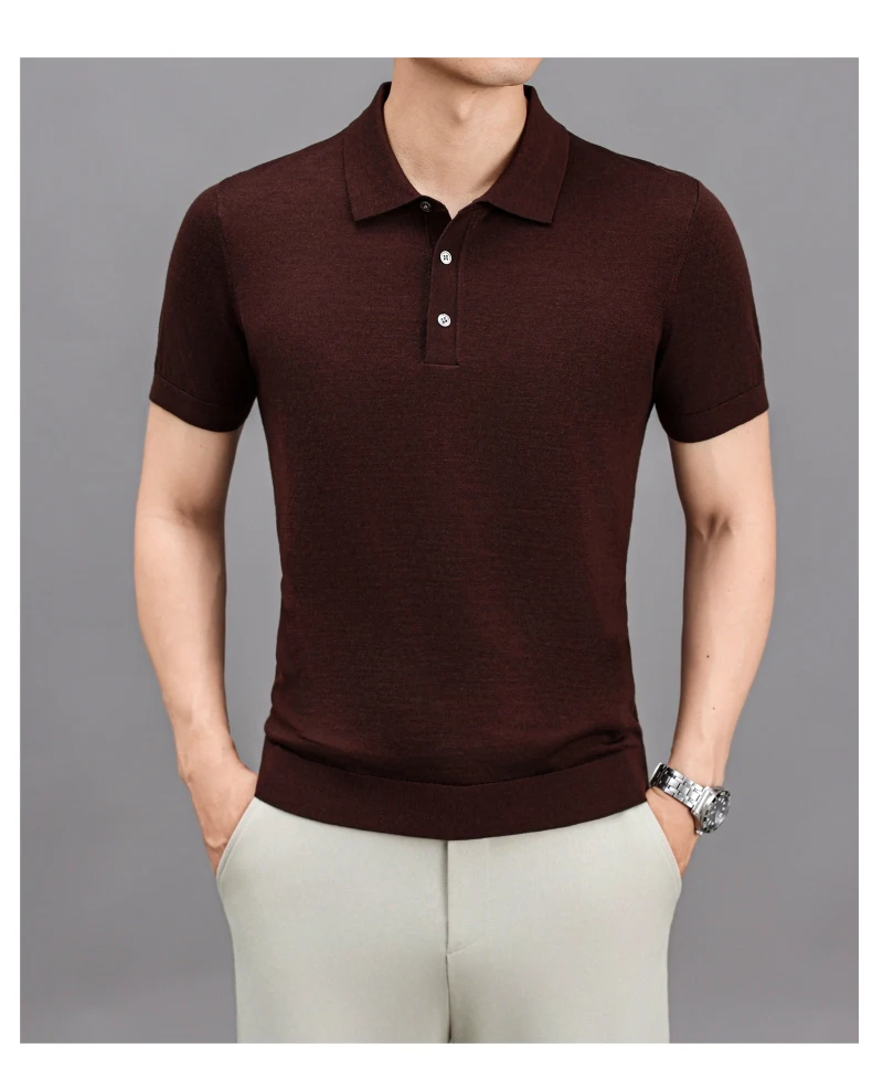 Ture 100% Merino Wool Tees Men Superfine Wool Short Sleeve Clothes Male Turn Down Collar Knit Polo Shirt Thin Sheep Wool Tops