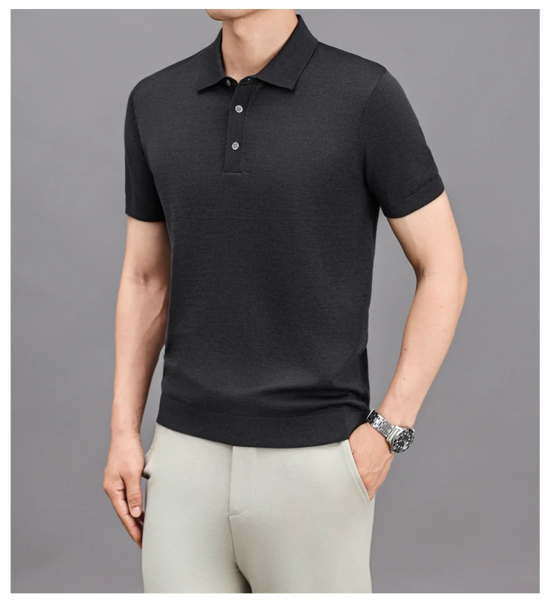 Ture 100% Merino Wool Tees Men Superfine Wool Short Sleeve Clothes Male Turn Down Collar Knit Polo Shirt Thin Sheep Wool Tops