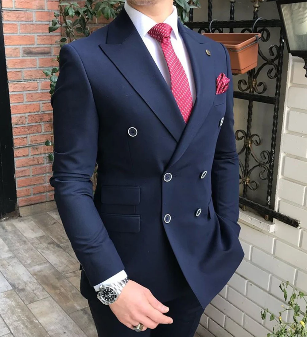 Double Breasted Peak Lapel Gentleman Grey Blazer Two Pieces Mens Suit with Pants Formal Silver Jacket For Wedding Groom Tuxedos