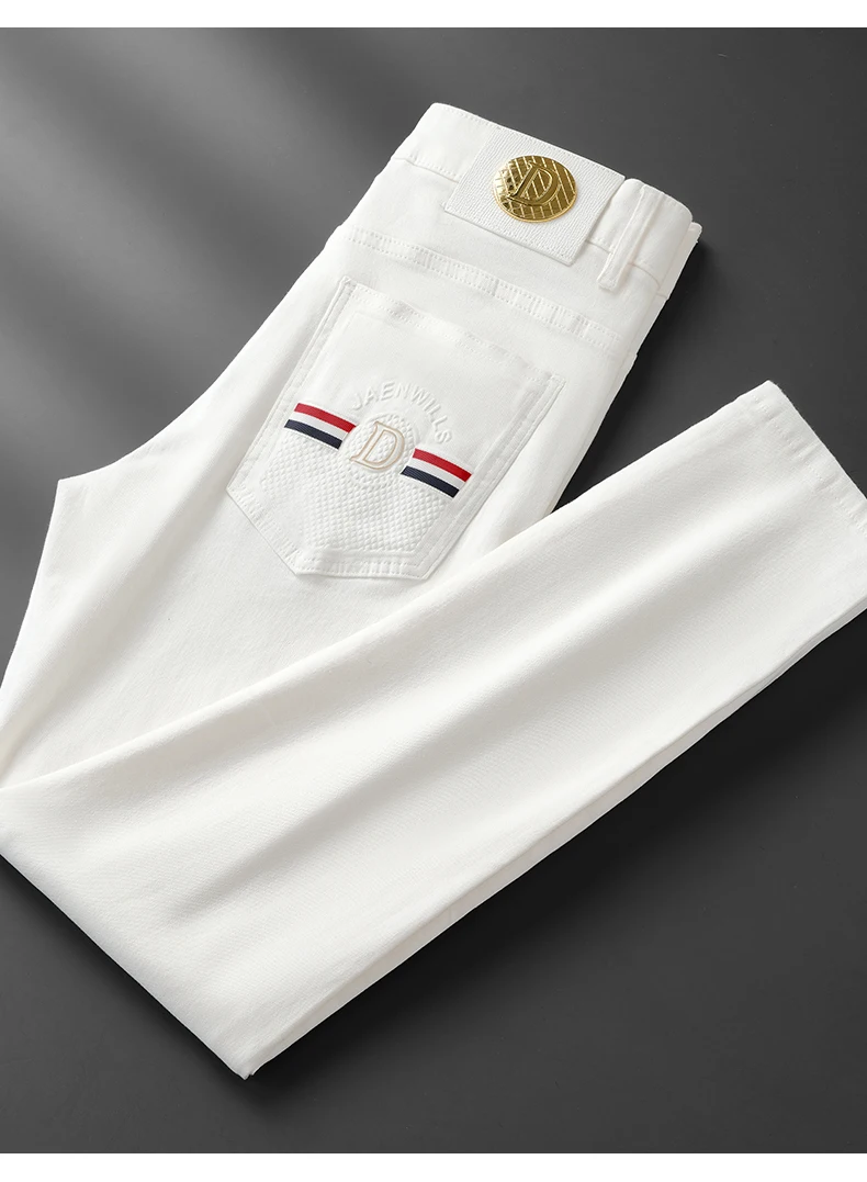 High Quality Luxury European Design White Jeans Men Slim Straight Elastic Casual Breathable Black Long Trousers Man Plus Size 40