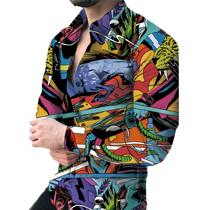 New luxury men's casual long sleeved shirt paired with 3D printed spring and autumn shirt, street men's fashionable shirt