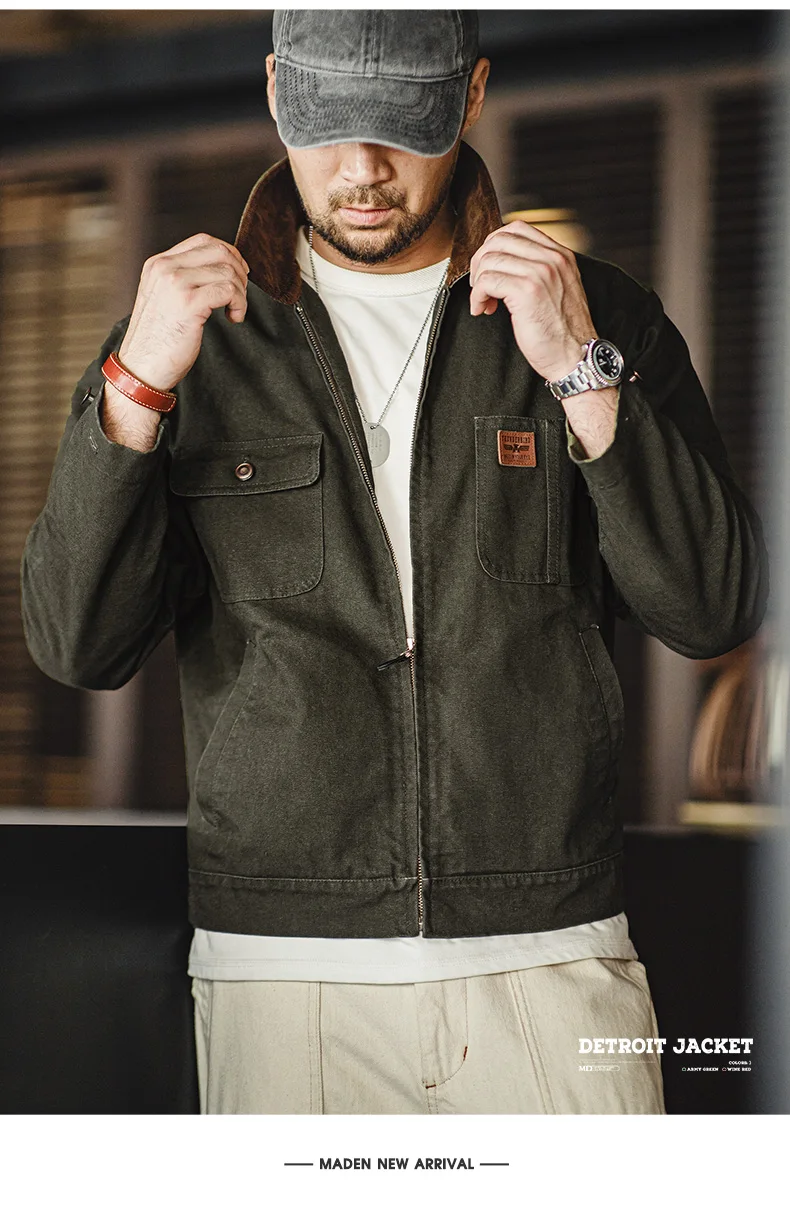 Maden Retro Heavyweight Canvas Detroit Jacket Corduroy Collar Hunting Short Zip-Up Jacket with Pockets Men's Autumn Outerwear