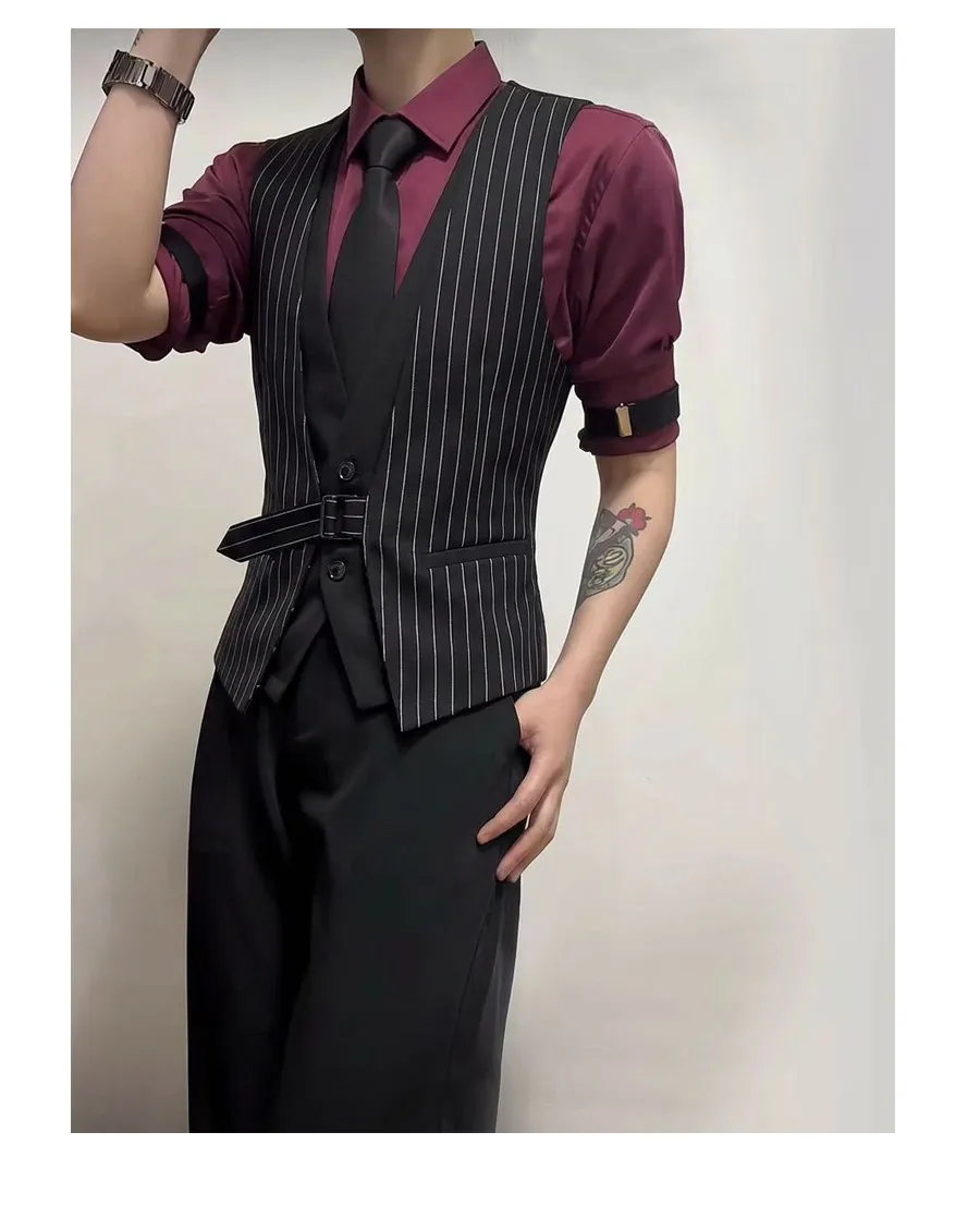 Striped Fake Two Piece Sleeveless Suit Vest Men's V-neck Vest Waiter Nightclub Uniform Waistcoat Casual Business Dress Vests