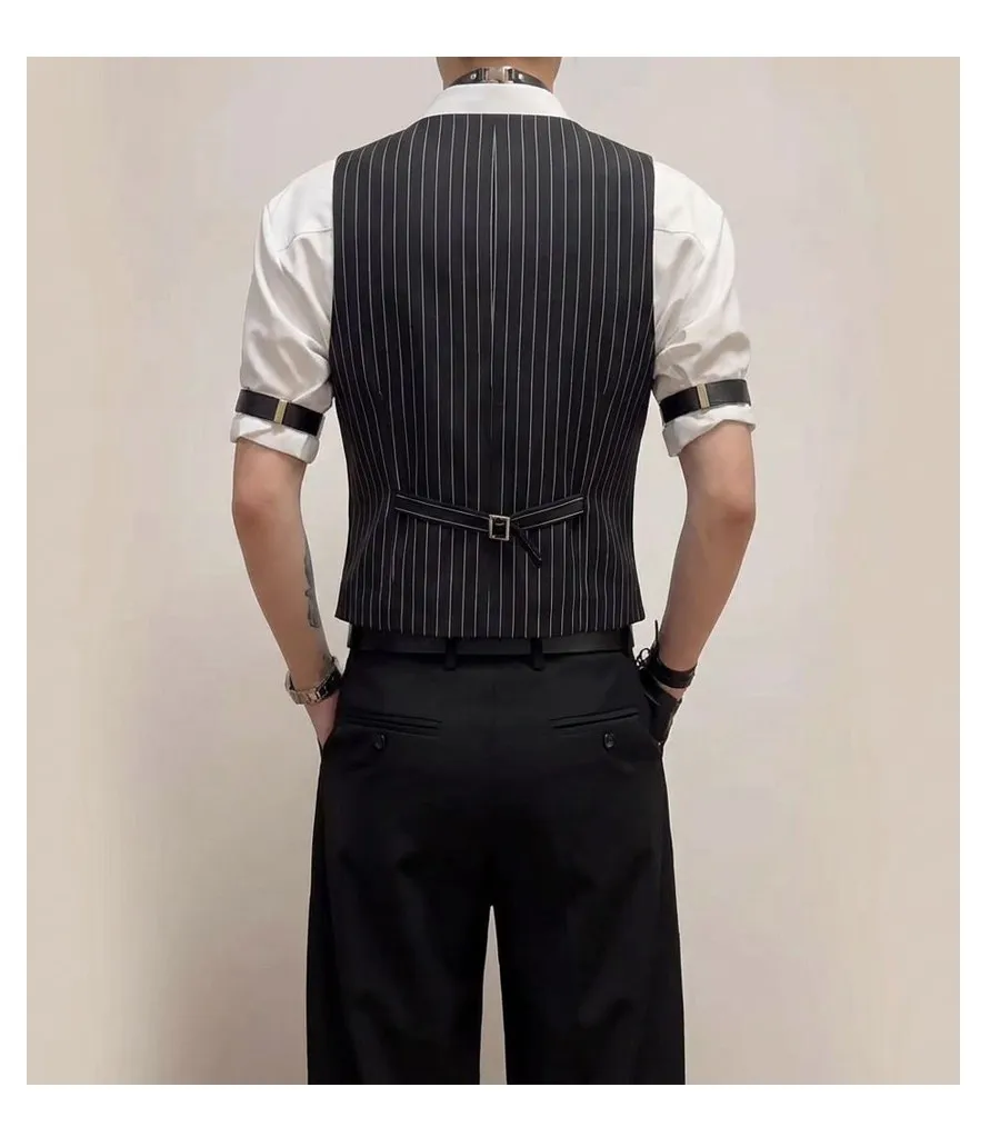 Striped Fake Two Piece Sleeveless Suit Vest Men's V-neck Vest Waiter Nightclub Uniform Waistcoat Casual Business Dress Vests