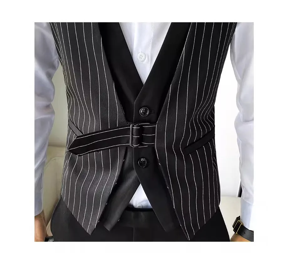 Striped Fake Two Piece Sleeveless Suit Vest Men's V-neck Vest Waiter Nightclub Uniform Waistcoat Casual Business Dress Vests