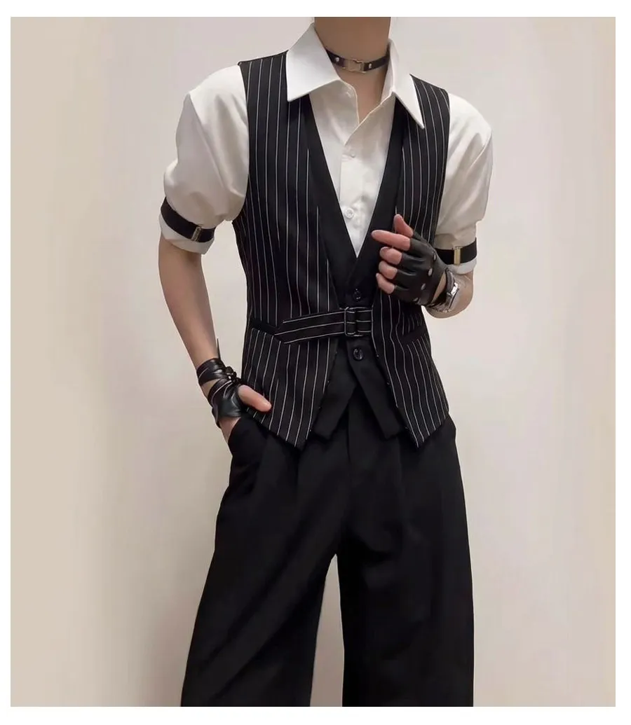 Striped Fake Two Piece Sleeveless Suit Vest Men's V-neck Vest Waiter Nightclub Uniform Waistcoat Casual Business Dress Vests