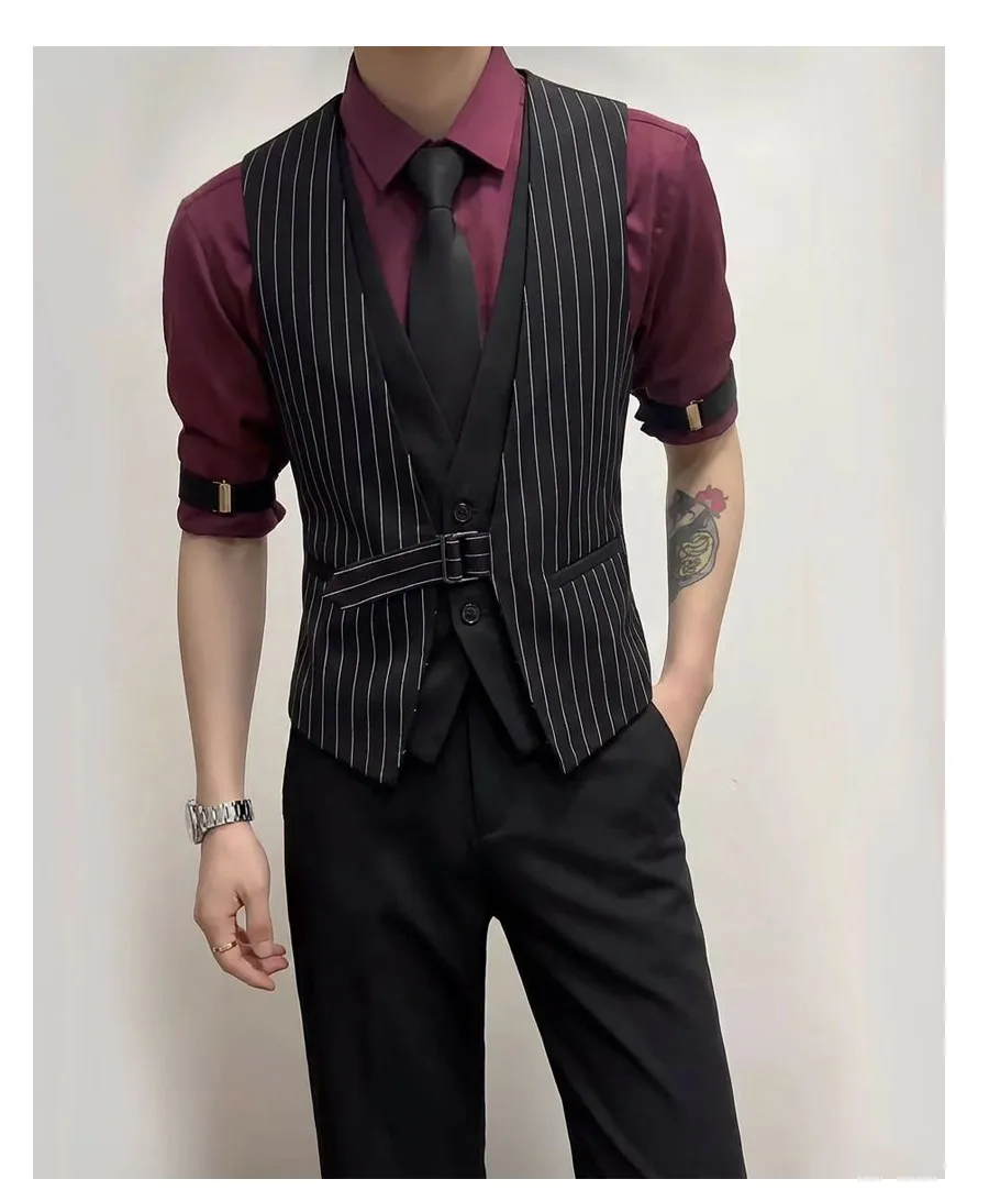 Striped Fake Two Piece Sleeveless Suit Vest Men's V-neck Vest Waiter Nightclub Uniform Waistcoat Casual Business Dress Vests