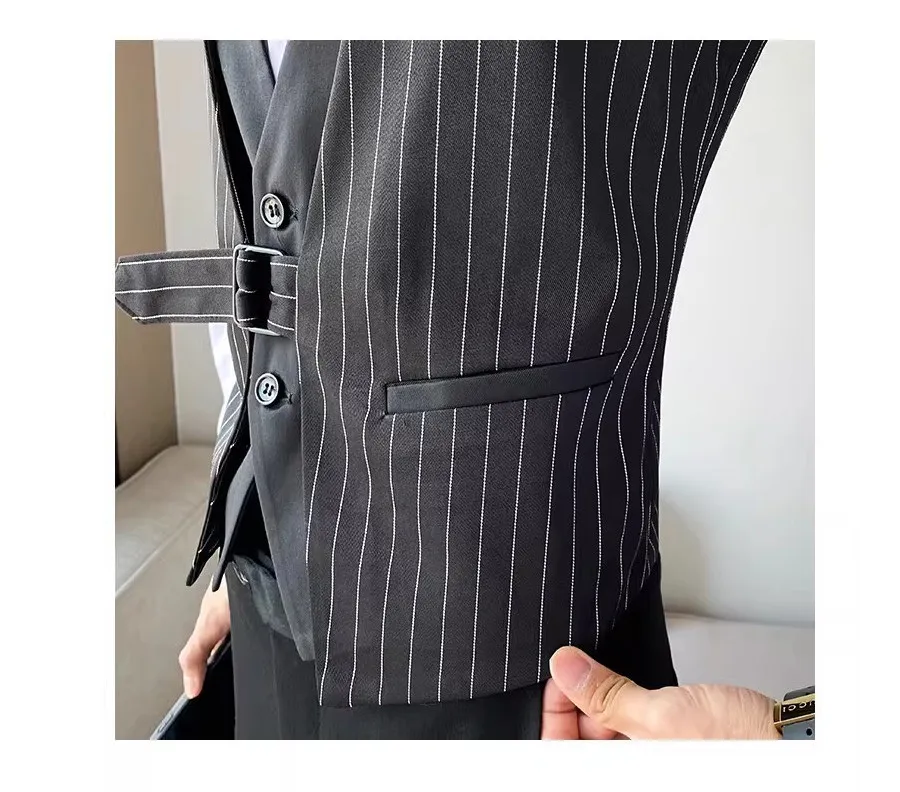 Striped Fake Two Piece Sleeveless Suit Vest Men's V-neck Vest Waiter Nightclub Uniform Waistcoat Casual Business Dress Vests