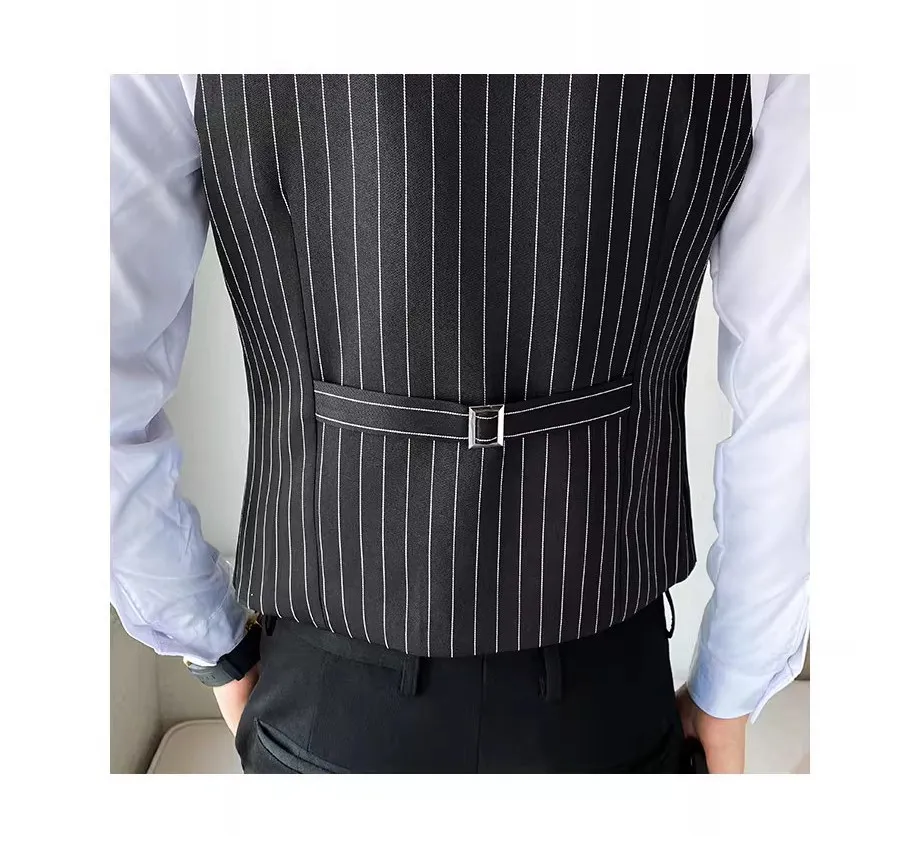 Striped Fake Two Piece Sleeveless Suit Vest Men's V-neck Vest Waiter Nightclub Uniform Waistcoat Casual Business Dress Vests