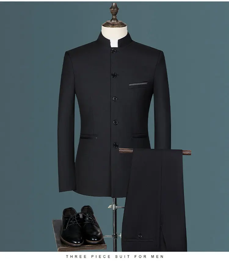 Men's Business, Fashionable, Cool, Casual, Stand-Up Collar, Single-Piece Korean-Style Zhongshan Suit Two-Piece Set