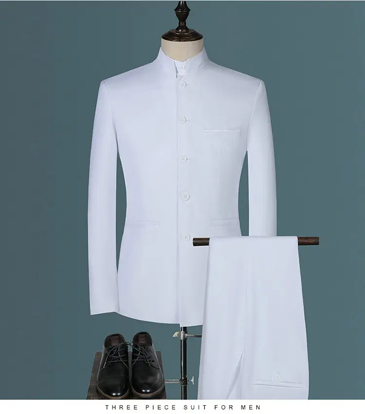 Men's Business, Fashionable, Cool, Casual, Stand-Up Collar, Single-Piece Korean-Style Zhongshan Suit Two-Piece Set