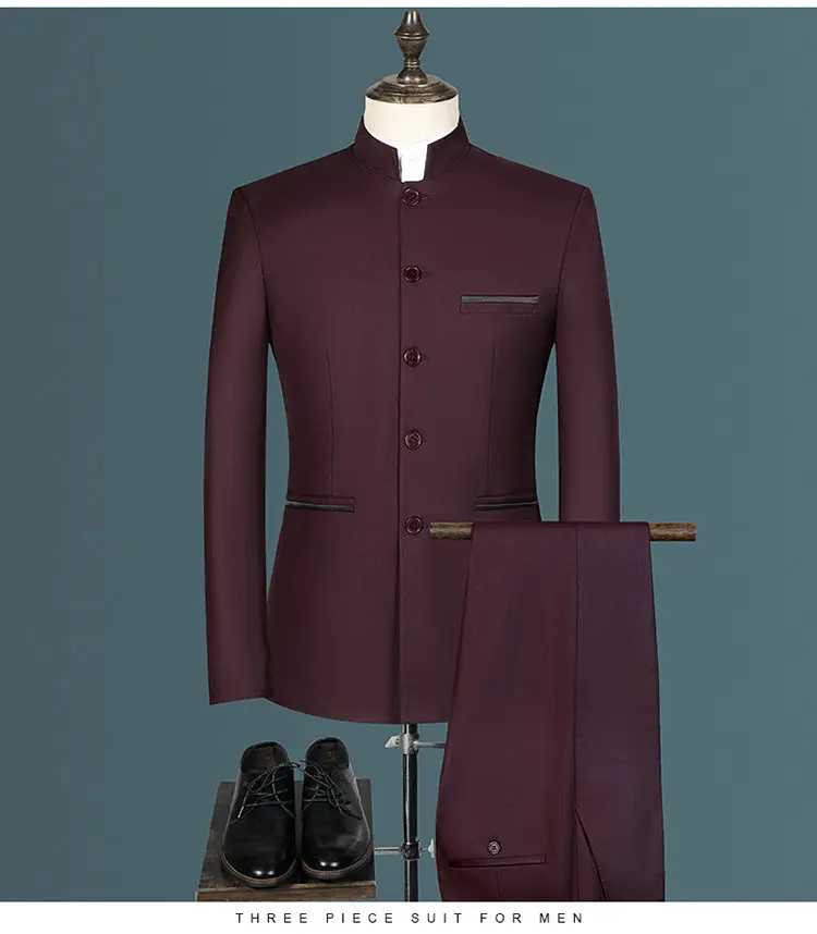 Men's Business, Fashionable, Cool, Casual, Stand-Up Collar, Single-Piece Korean-Style Zhongshan Suit Two-Piece Set