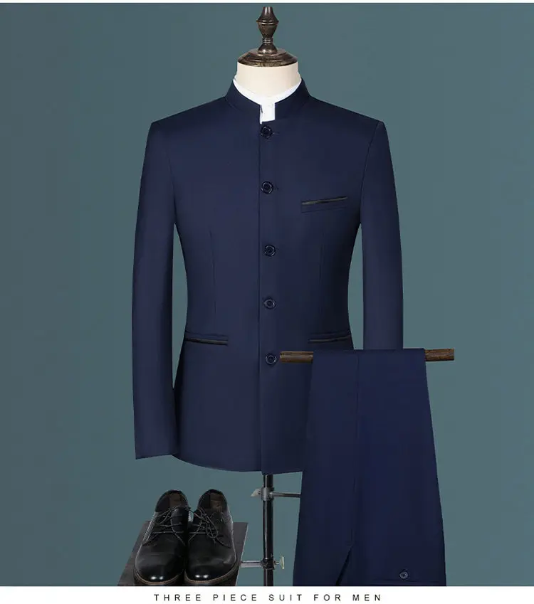 Men's Business, Fashionable, Cool, Casual, Stand-Up Collar, Single-Piece Korean-Style Zhongshan Suit Two-Piece Set