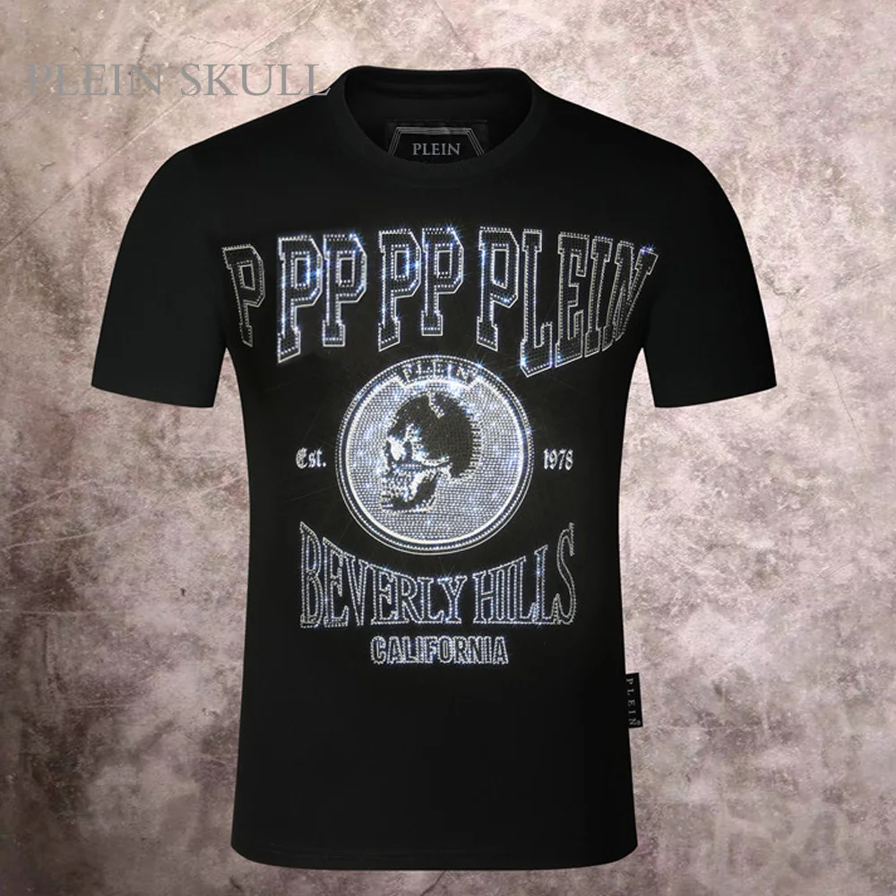 2025 Summer Trendy PP Skull Hot Diamond Short Sleeve Men Slimming Round Neck Sweatshirt Unisex Punk High Street Hip Hop T-shirt