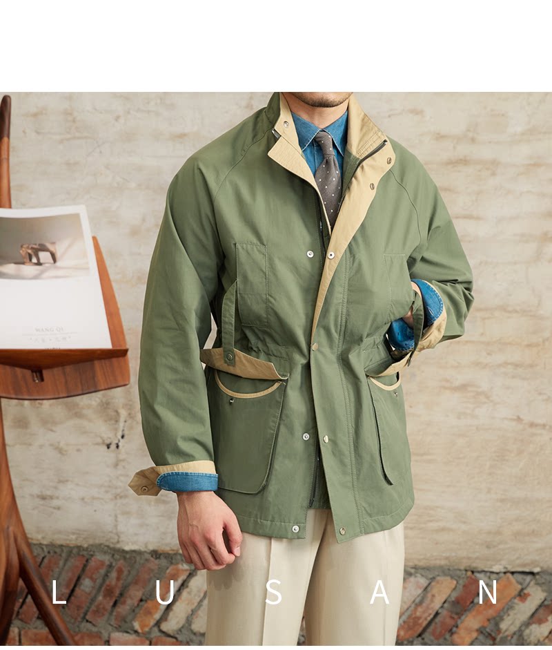 Gentry Multi-Pocket Drawstring Waist Retro Hunting Jacket M65 Casual Collar Jacket Trendy Men