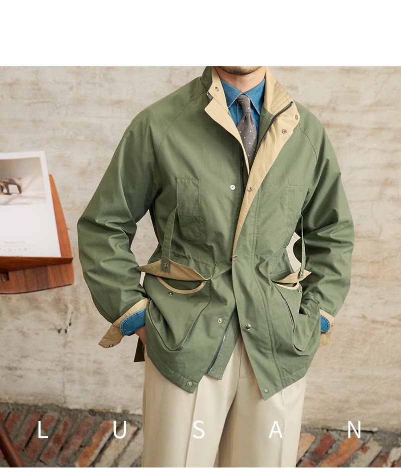Gentry Multi-Pocket Drawstring Waist Retro Hunting Jacket M65 Casual Collar Jacket Trendy Men