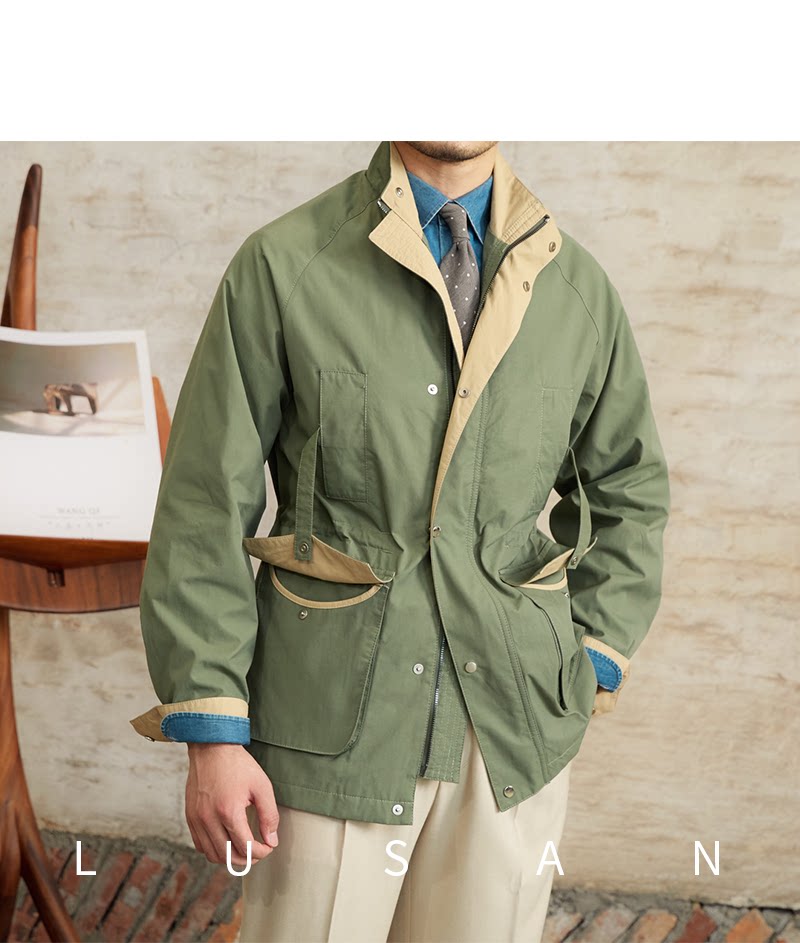 Gentry Multi-Pocket Drawstring Waist Retro Hunting Jacket M65 Casual Collar Jacket Trendy Men